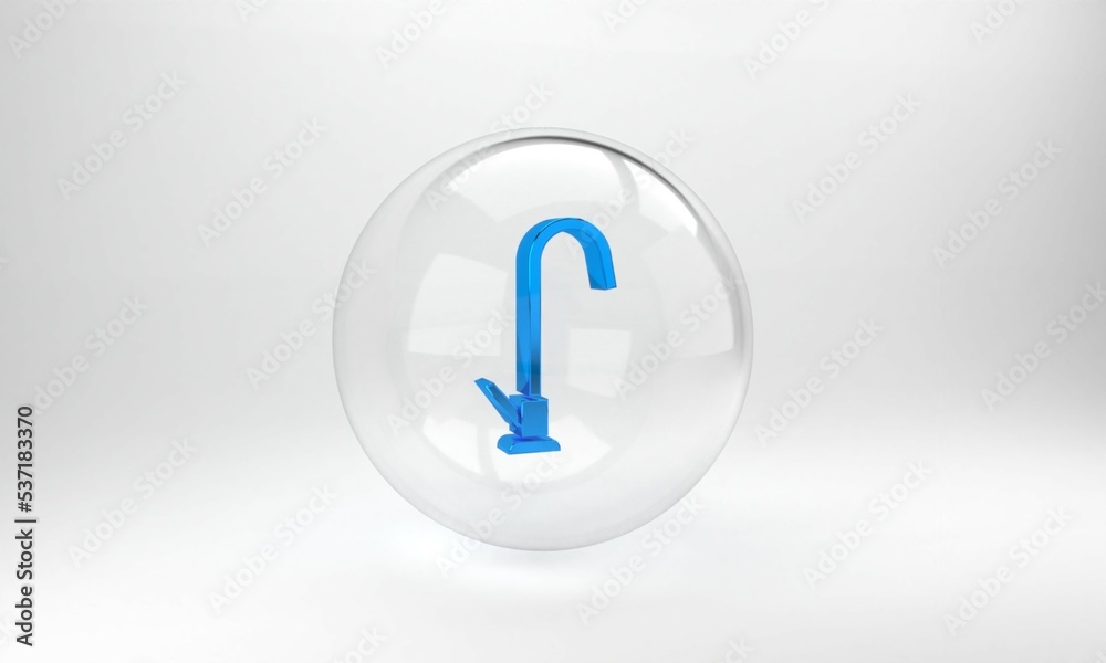 蓝色水龙头图标隔离在灰色背景上。玻璃圆形按钮。3D渲染图