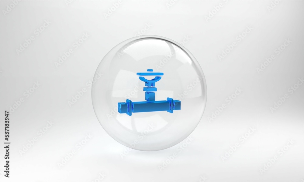 Blue Industry metallic pipe and valve icon isolated on grey background. Glass circle button. 3D rend