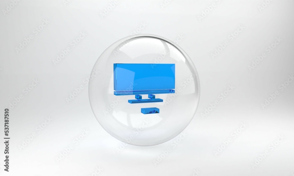 蓝色智能电视图标隔离在灰色背景上。电视标志。玻璃圈按钮。3D渲染illu