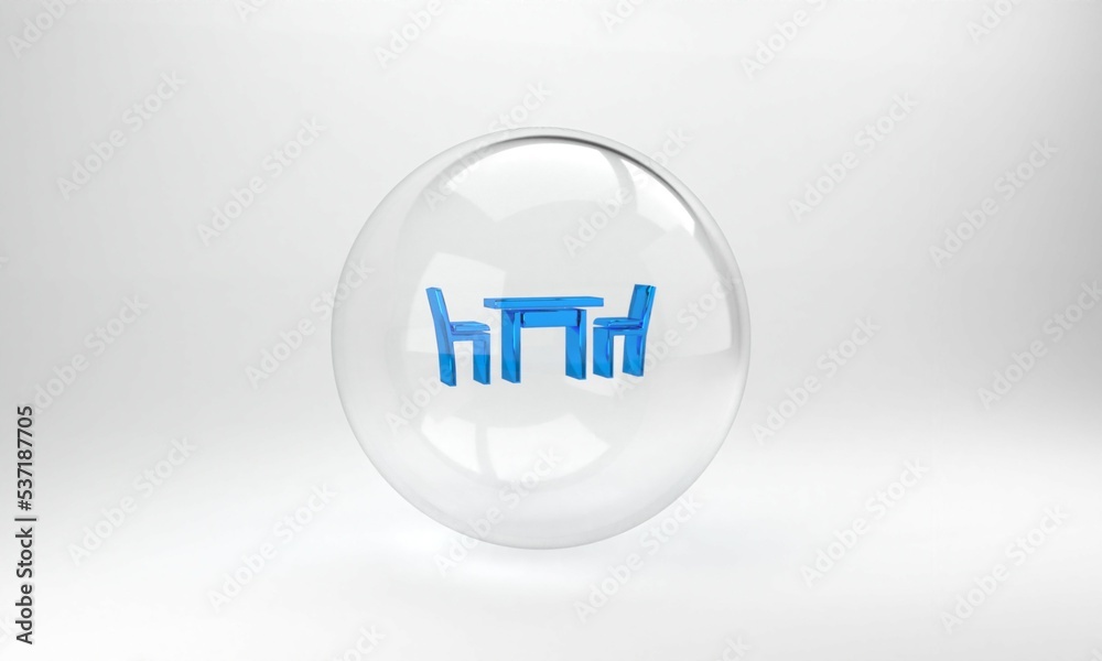 蓝色木桌，灰色背景上隔离椅子图标。玻璃圆形按钮。3D渲染插图