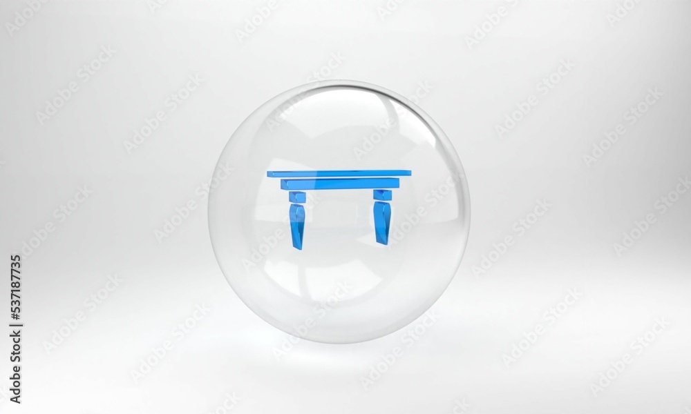 灰色背景上隔离的蓝色木桌图标。玻璃圆形按钮。3D渲染图