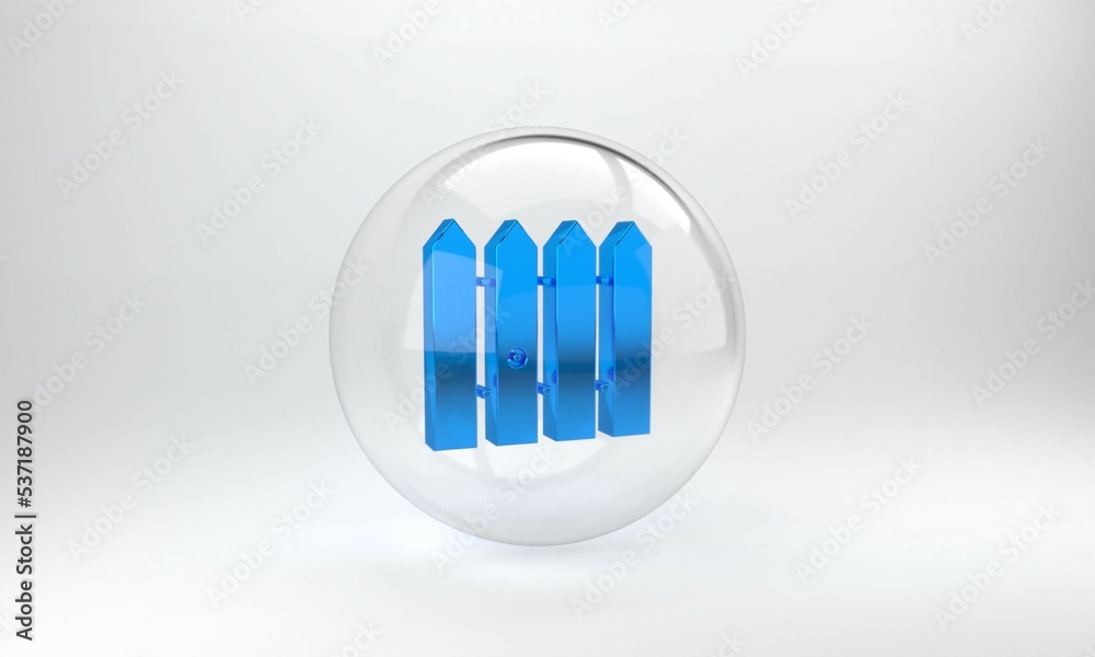 蓝色花园围栏木制图标隔离在灰色背景上。玻璃圆形按钮。3D渲染插图