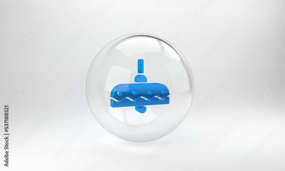 蓝色吊灯图标隔离在灰色背景上。玻璃圆形按钮。3D渲染图