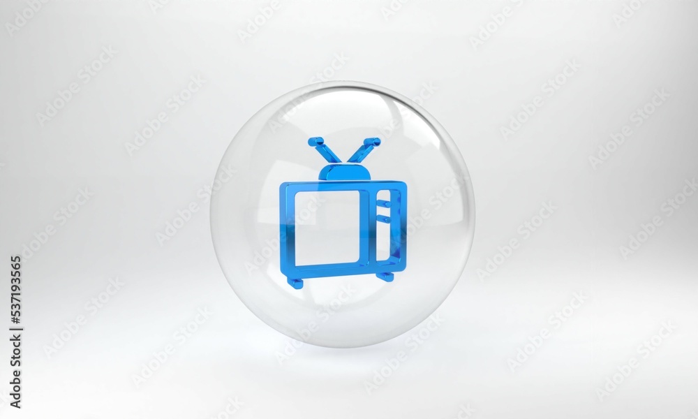 蓝色复古电视图标隔离在灰色背景上。电视标志。玻璃圆圈按钮。3D渲染illu