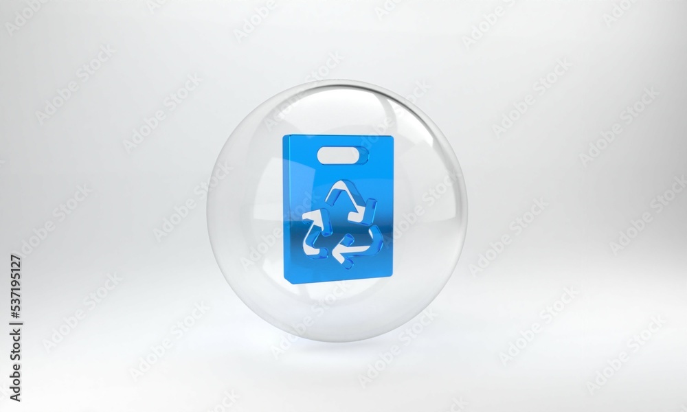 Blue Paper shopping bag with recycle icon isolated on grey background. Bag with recycling symbol. Gl