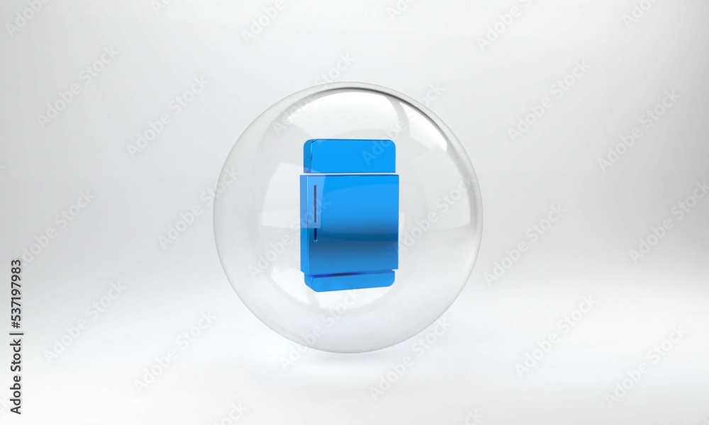 蓝色橡皮擦或橡胶图标隔离在灰色背景上。玻璃圆圈按钮。3D渲染图