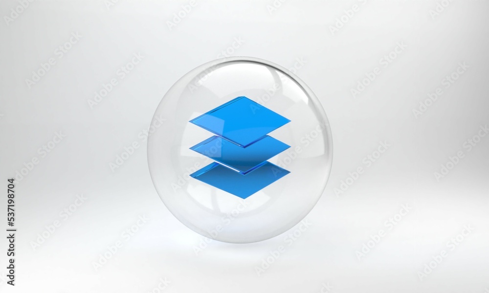 蓝色图层图标隔离在灰色背景上。玻璃圆圈按钮。3D渲染图