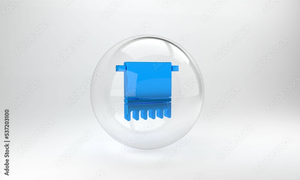 Blue Towel on a hanger icon isolated on grey background. Bathroom towel icon. Glass circle button. 3