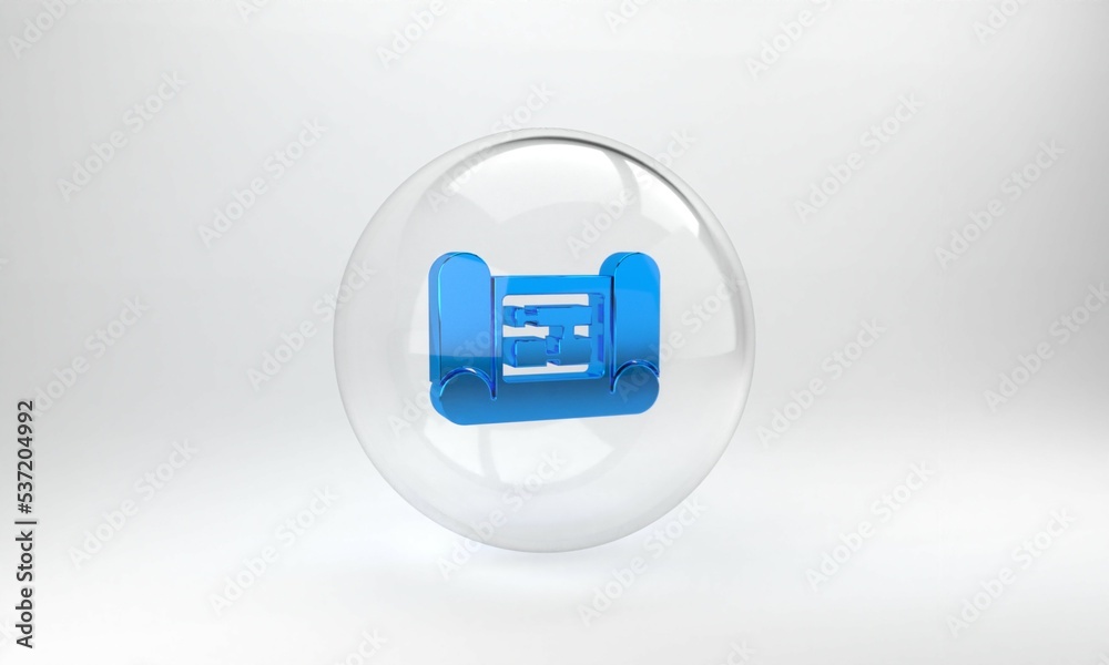 蓝色房屋平面图图标隔离在灰色背景上。玻璃圆形按钮。3D渲染图