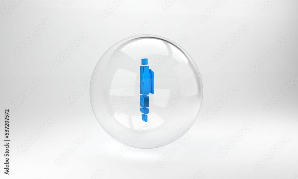 蓝色笔图标隔离在灰色背景上。玻璃圆圈按钮。3D渲染图