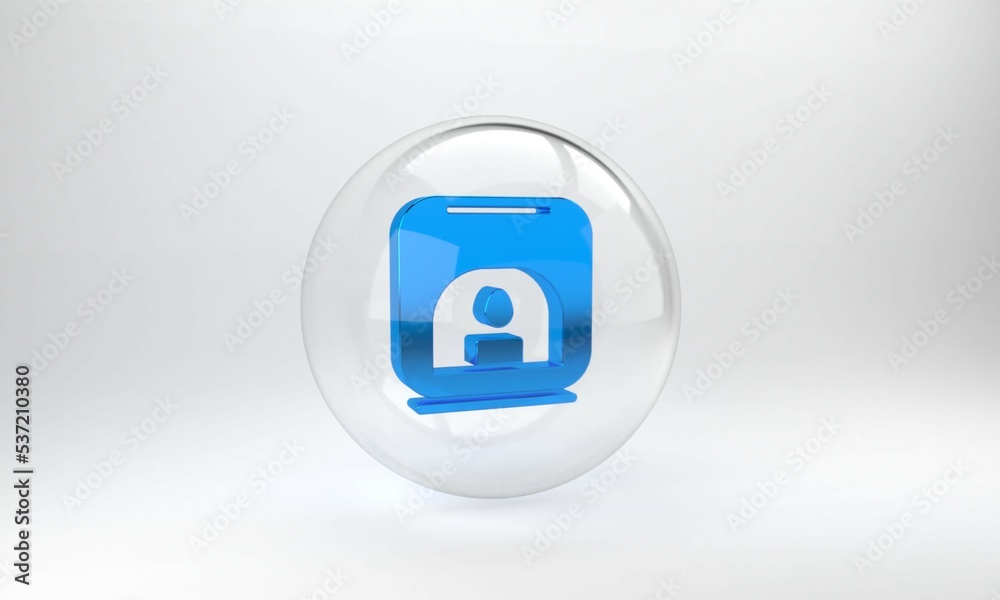蓝色芳香灯图标隔离在灰色背景上。玻璃圆形按钮。3D渲染图