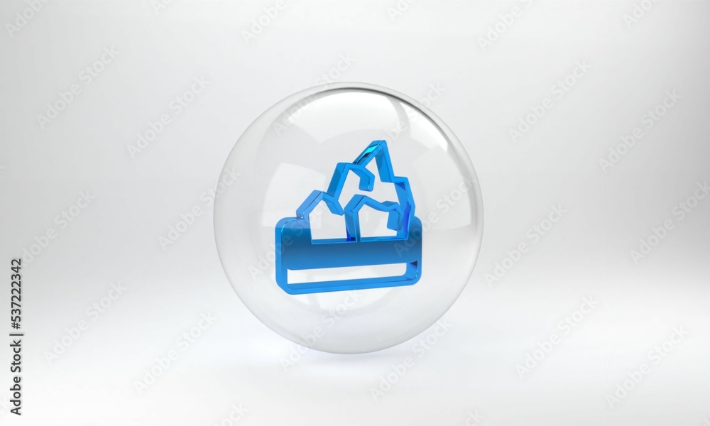 蓝色矿石开采图标在灰色背景上隔离。玻璃圆圈按钮。3D渲染图
