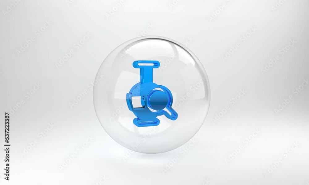 灰色背景上隔离的蓝色古代双耳瓶图标。玻璃圆形按钮。3D渲染图