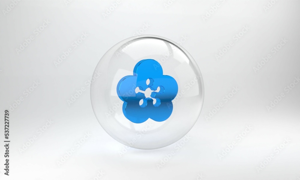 蓝色莲花图标隔离在灰色背景上。玻璃圆圈按钮。3D渲染图