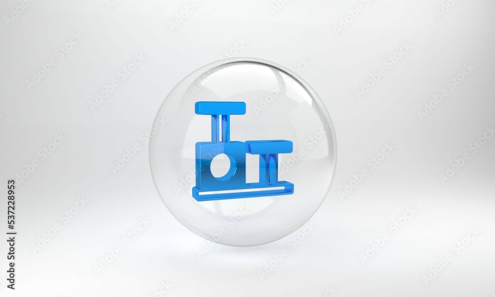 Blue Cat scratching post with toy icon isolated on grey background. Glass circle button. 3D render i