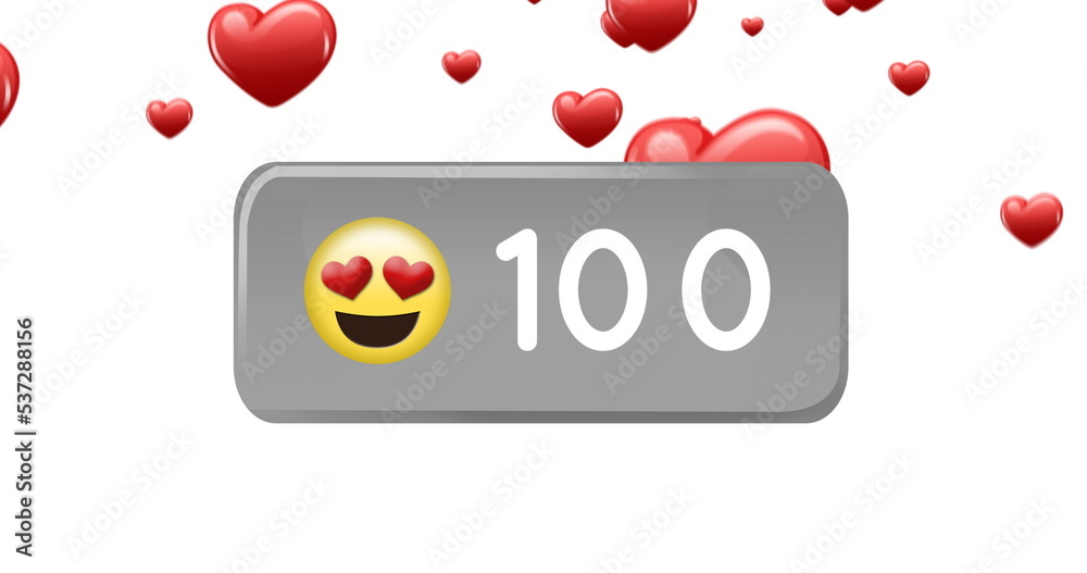 Image of 100 notifications and emoticon on white background with hearts