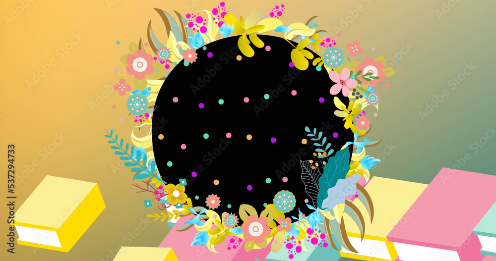 彩色圆点的黑色地球仪插图，渐变背景上的花朵和书籍，复制空间
