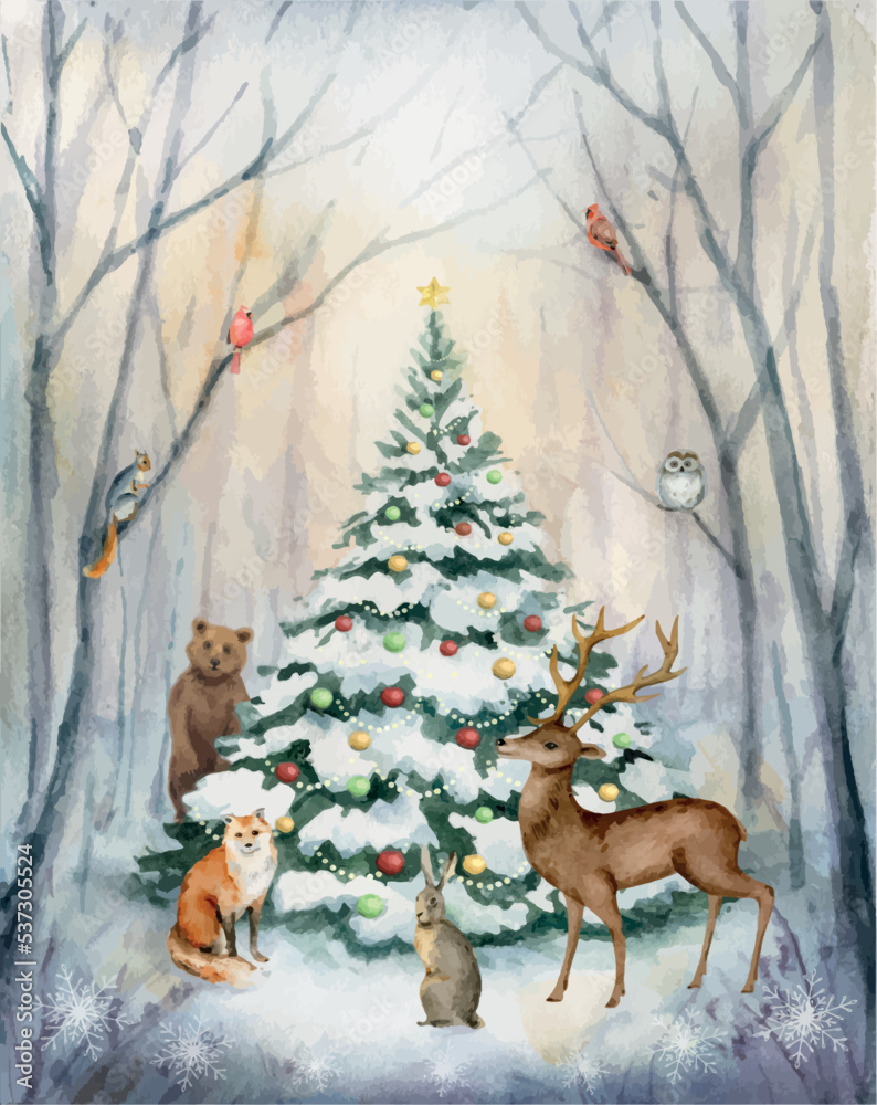 一张水彩矢量卡，上面有森林动物、鸟类、圣诞树和冬季森林。