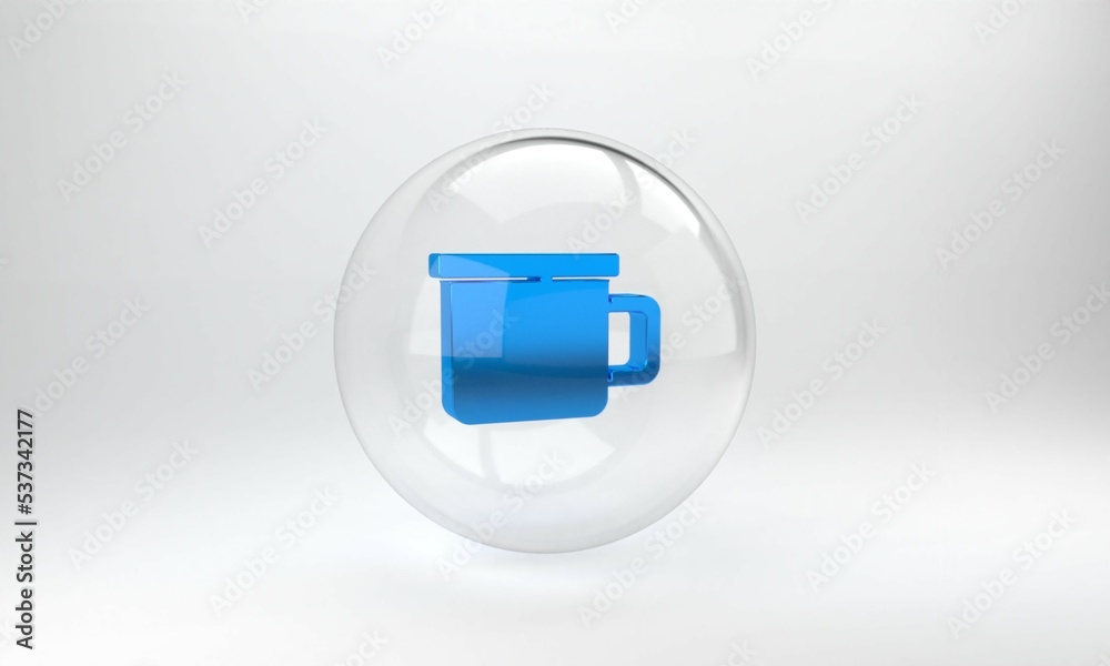 Blue Camping metal mug icon isolated on grey background. Glass circle button. 3D render illustration