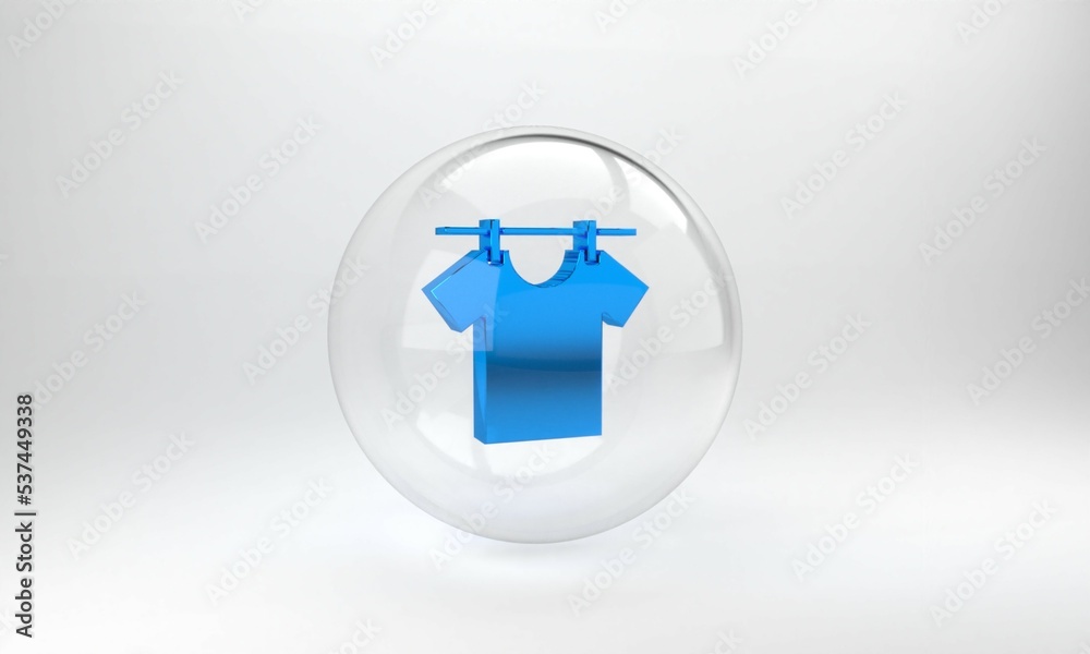 Blue Drying clothes icon isolated on grey background. Clean shirt. Wash clothes on a rope with cloth
