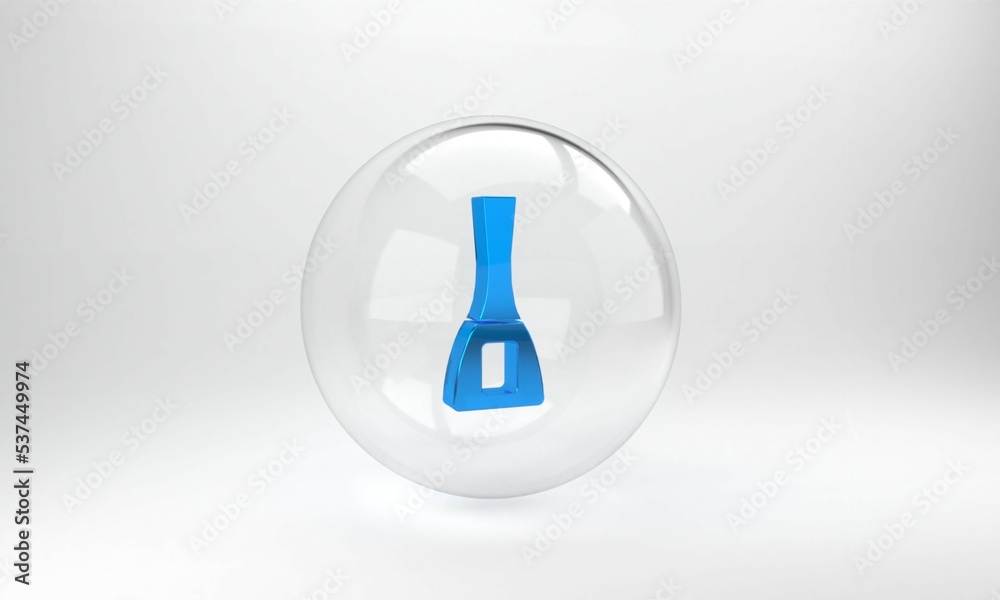 蓝色指甲油瓶图标隔离在灰色背景上。玻璃圆形按钮。3D渲染插图