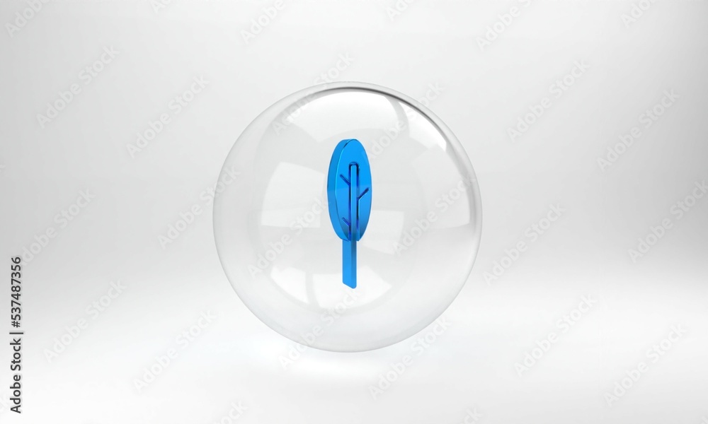 蓝色羽毛笔图标隔离在灰色背景上。玻璃圆形按钮。3D渲染图
