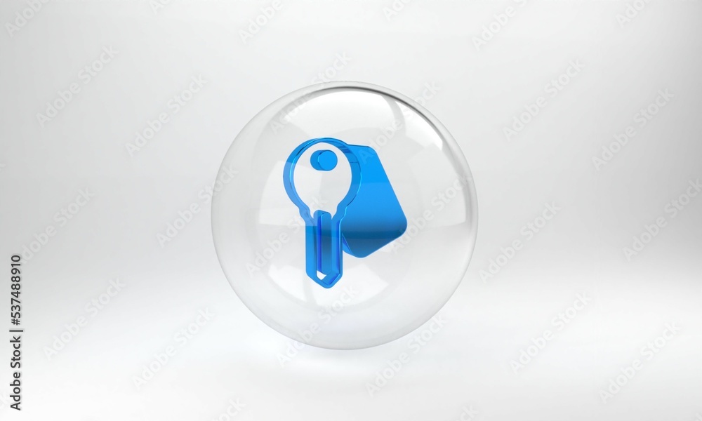 Blue Hotel door lock key icon isolated on grey background. Glass circle button. 3D render illustrati