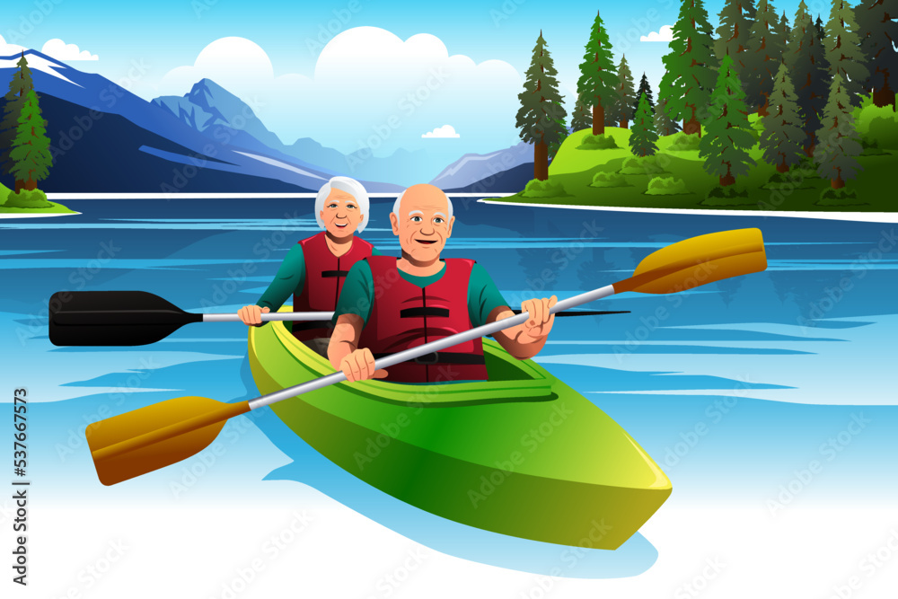 高龄退休夫妇划独木舟矢量图