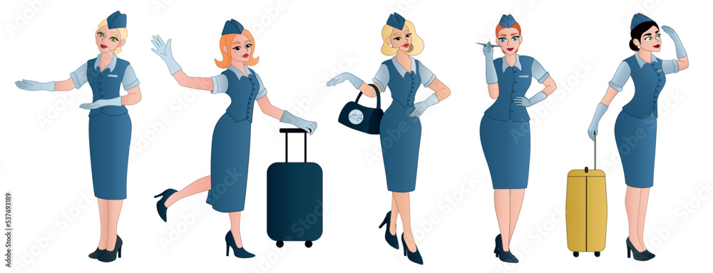 Set of beautiful stewardesses on white background