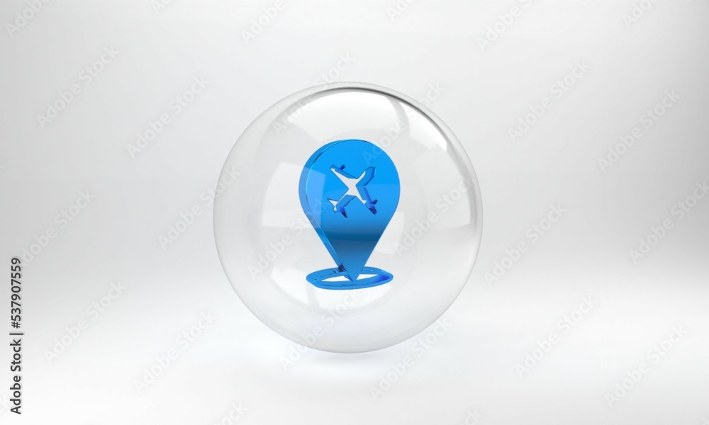 Blue Plane icon isolated on grey background. Flying airplane icon. Airliner sign. Glass circle butto