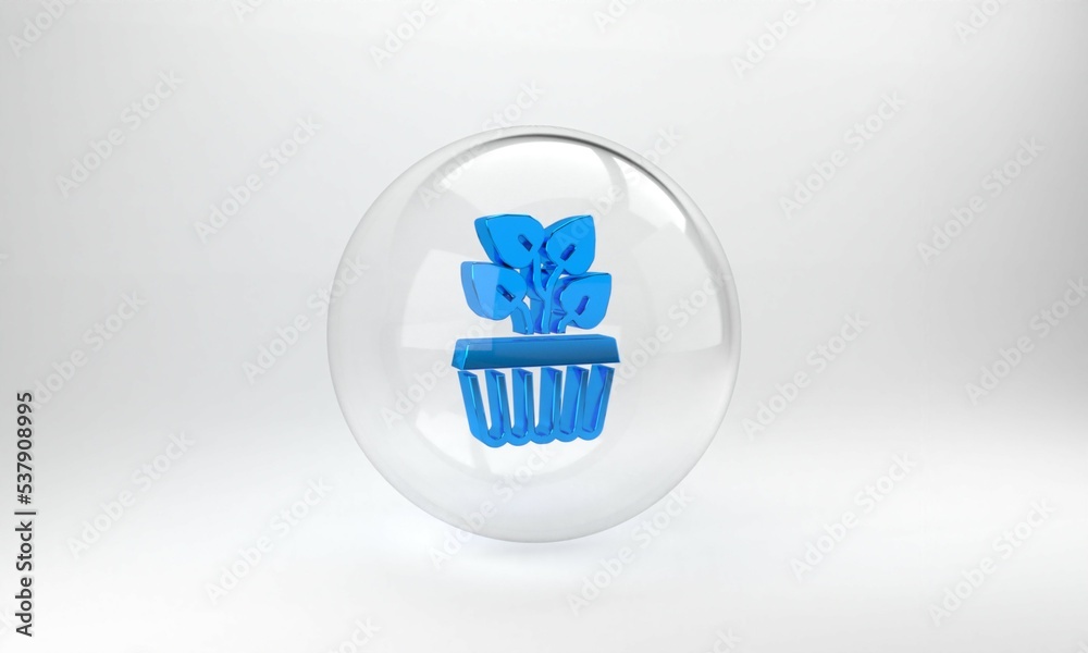 Blue Indoor plant ivy in a pot icon isolated on grey background. Branch with leaves. Glass circle bu