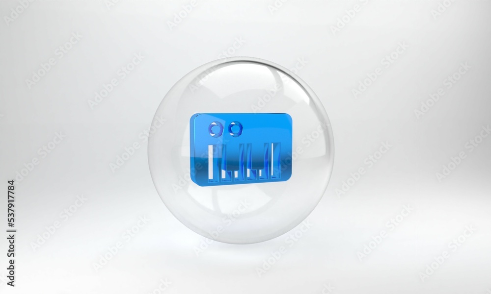 Blue Music synthesizer icon isolated on grey background. Electronic piano. Glass circle button. 3D r