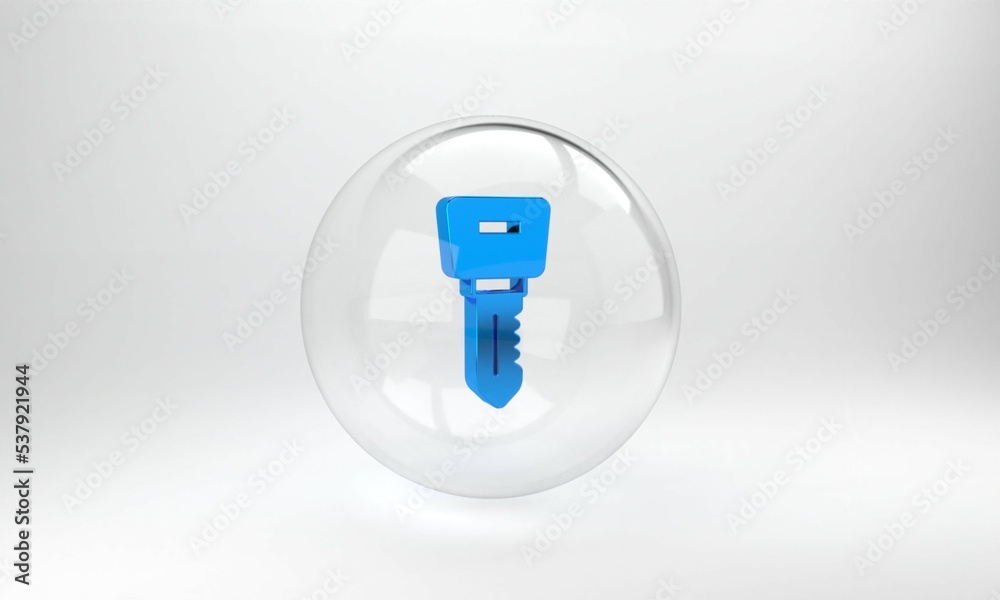 蓝色酒店门锁钥匙图标隔离在灰色背景上。玻璃圆形按钮。3D渲染插图