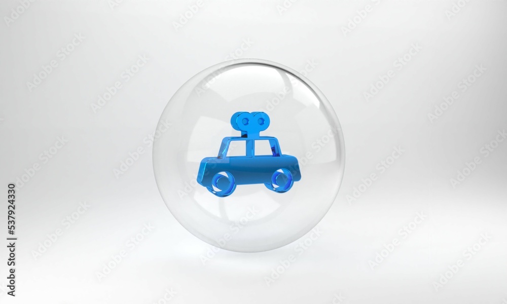 蓝色玩具车图标隔离在灰色背景上。玻璃圆形按钮。3D渲染图