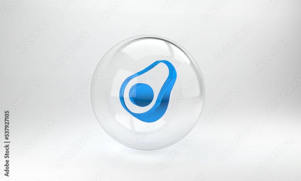蓝色鳄梨水果图标隔离在灰色背景上。玻璃圆形按钮。3D渲染图