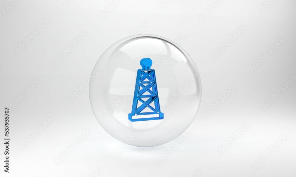 灰色背景上隔离的蓝色石油钻机图标。天然气塔。工业物体。玻璃圆形按钮。3D