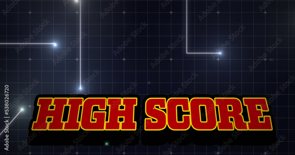 Illustration of red high score text and grid pattern with dots forming lines over black background