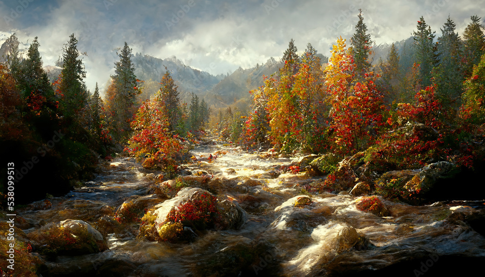 Spectacular autumnal forest panorama with a mountain range in the distance, bright orange leaves on 