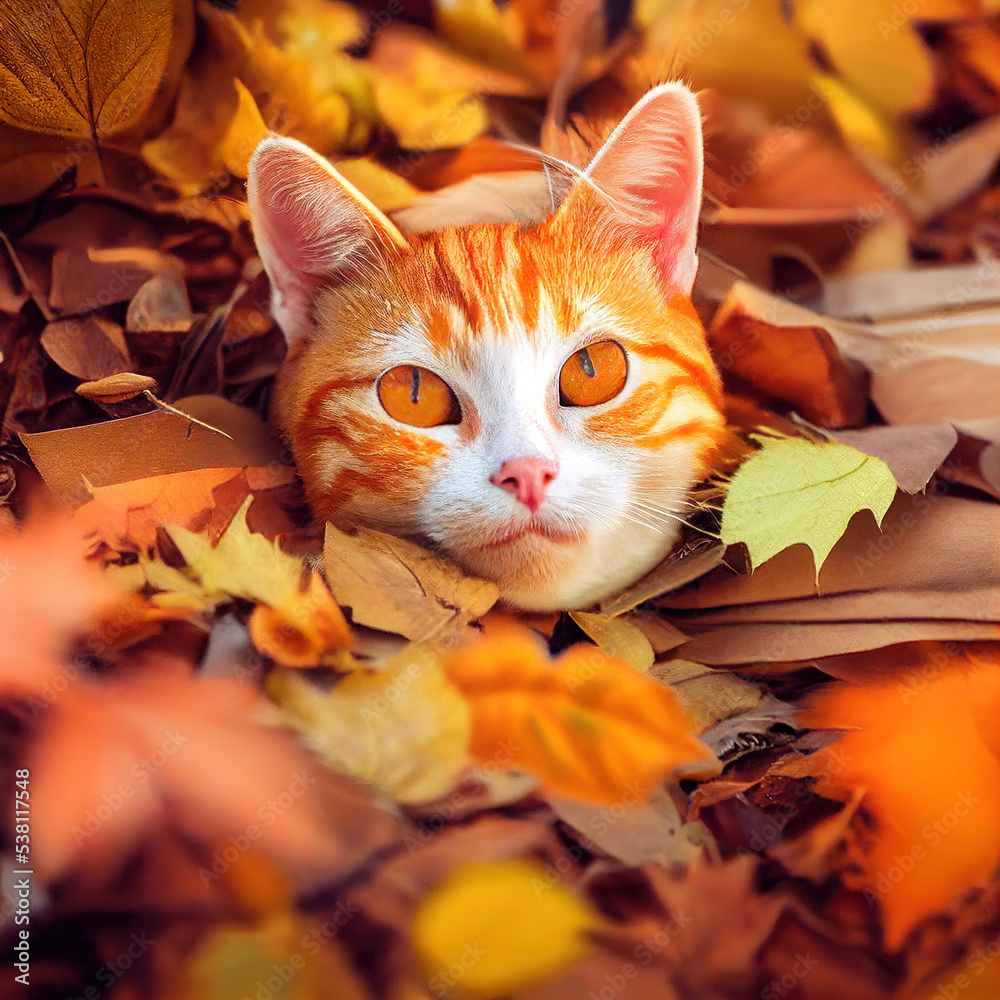 可爱的猫从黄叶中窥视，堆起壮观的秋景3D插图