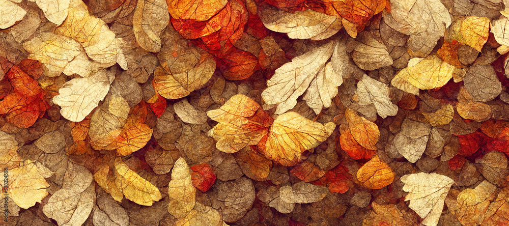 地面覆盖着秋天的黄叶。数字艺术3D插图中的秋天的叶子概念。Sp