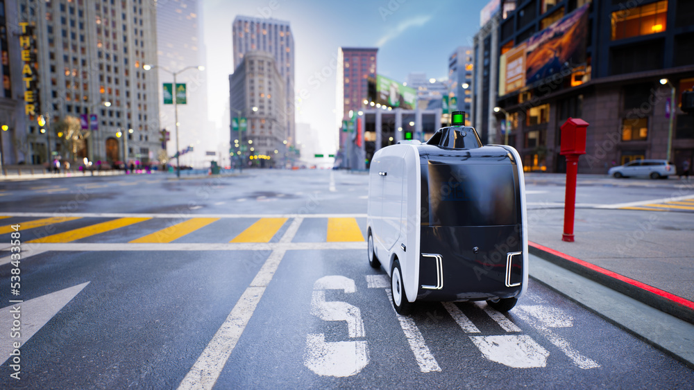 Autonomous delivery robot driverless on street, Smart vehicle technology concept, 3d render