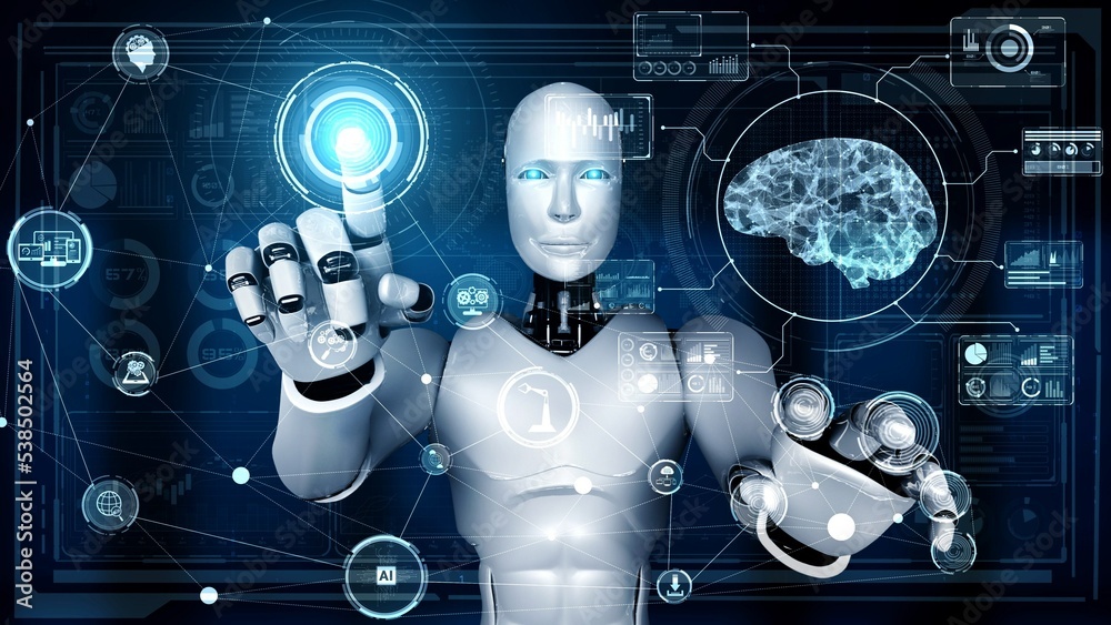 人工智能人形机器人触摸虚拟全息屏幕，展示人工智能大脑和人工智能的概念