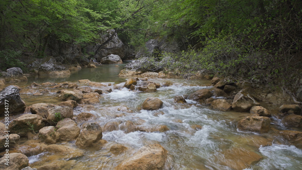 绿色森林中的瀑布和溪流越过岩石。溪流在岩石、巨石和植物之间流动