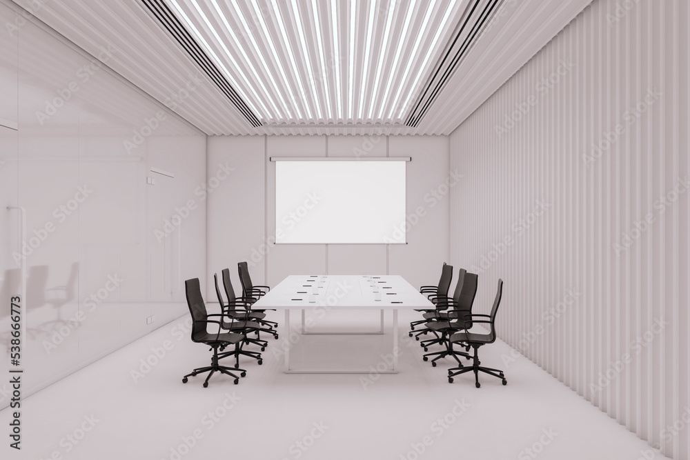 现代混凝土办公室会议室内部，墙上有空白的白色实体海报，家具，白天