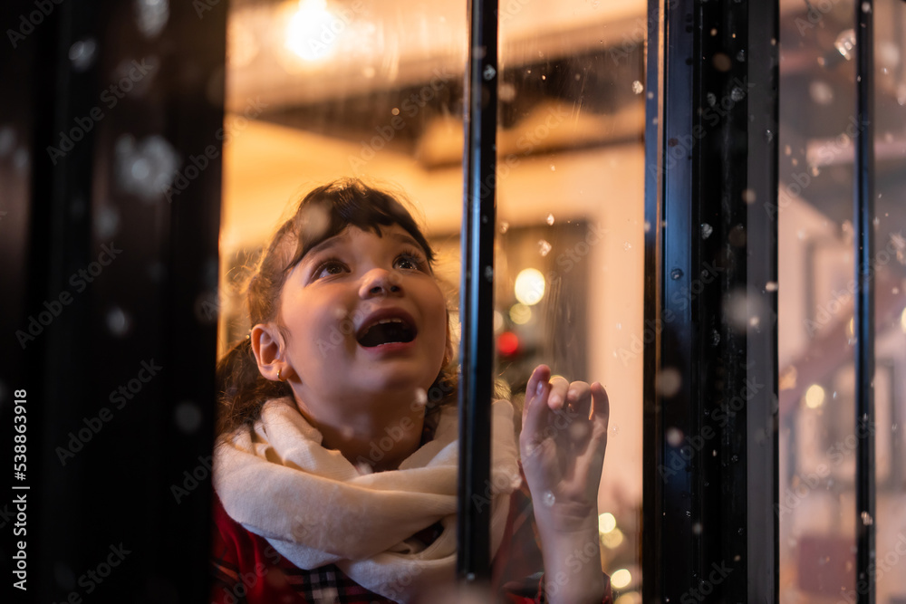 可爱的孩子透过窗户欣赏第一片雪花。