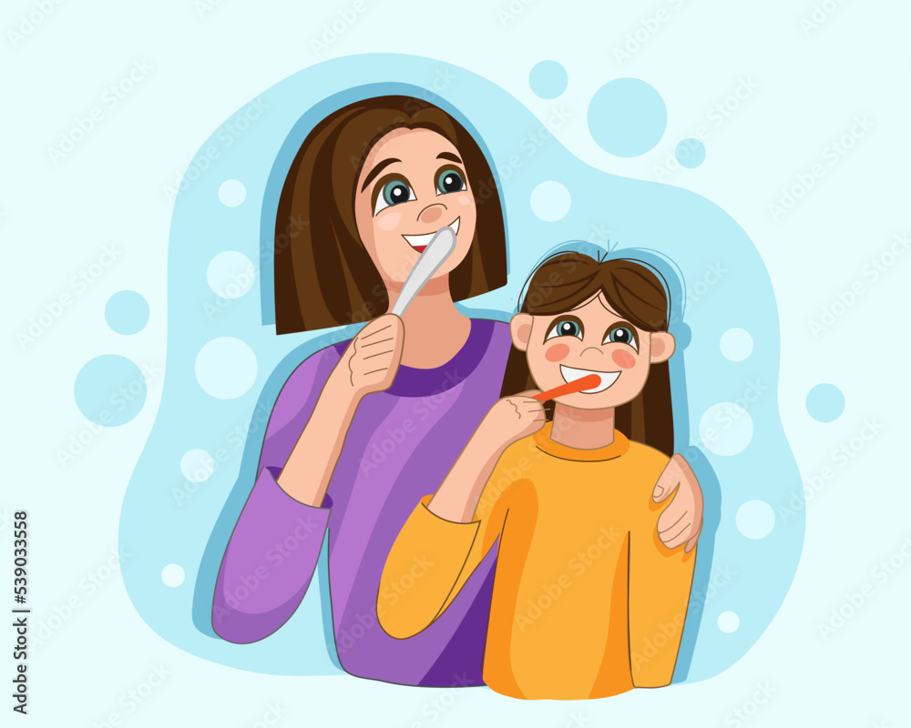小女孩和她的妈妈在浅色背景下刷牙