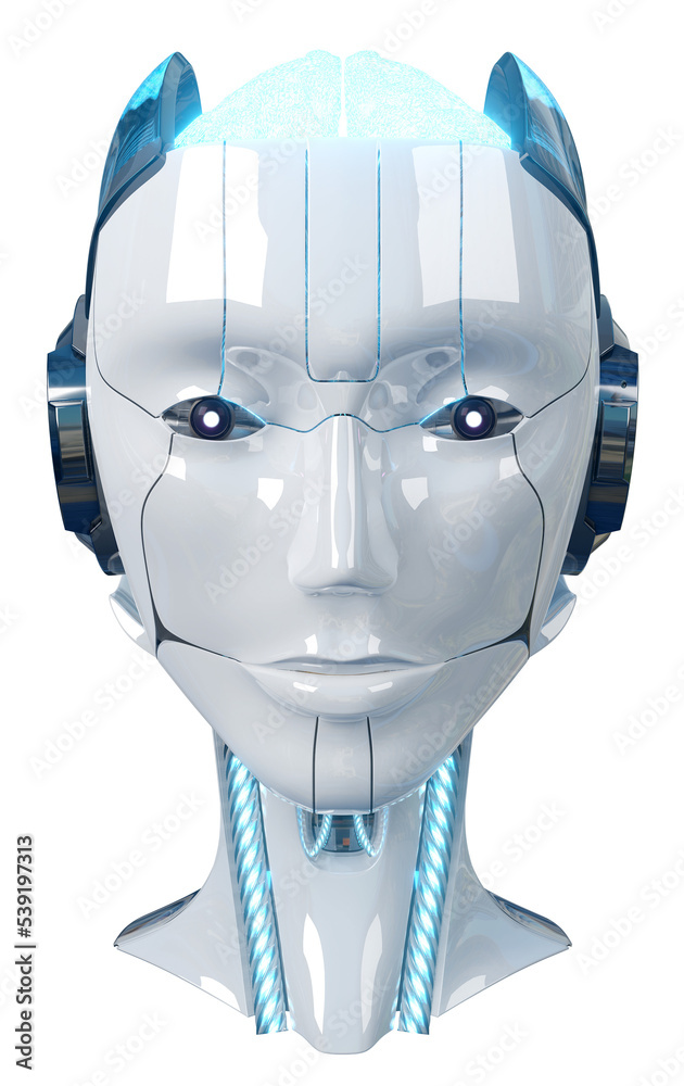 白色和蓝色女性半机械人机器人头部隔离。透明背面人形人脸的3d渲染