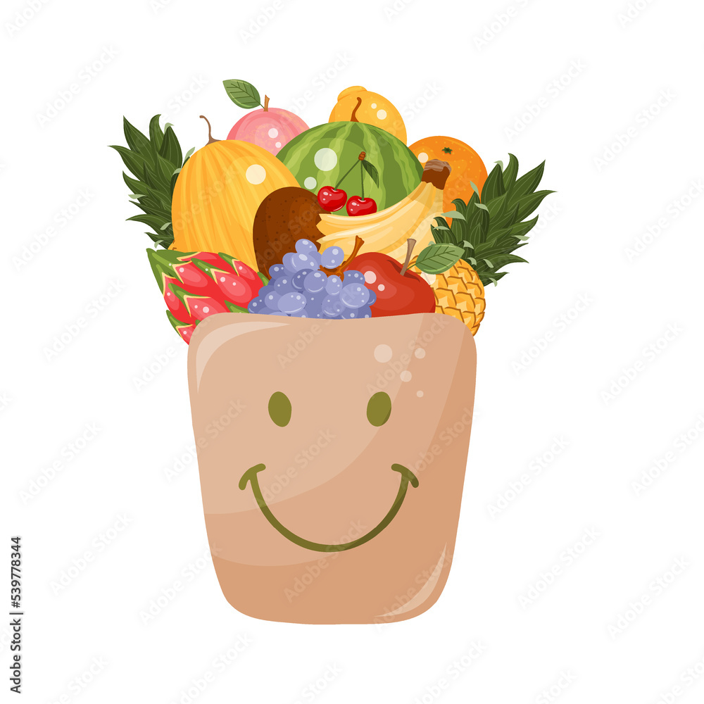 Full shopping eco-friendly paper bags for groceries. Organic fruits from supermarket. Vector illustr