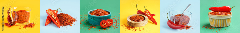 Collage of chili pepper flakes on color background