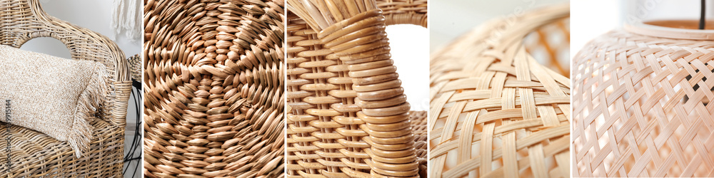 Collage of rattan textures, closeup